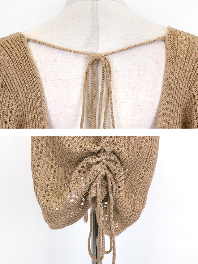 体型カバー オフショルダー 袖あり バックリボン サイドドロスト かぎ編み ワンピース 黒 ブラック (聖菜着用)の詳細アップ