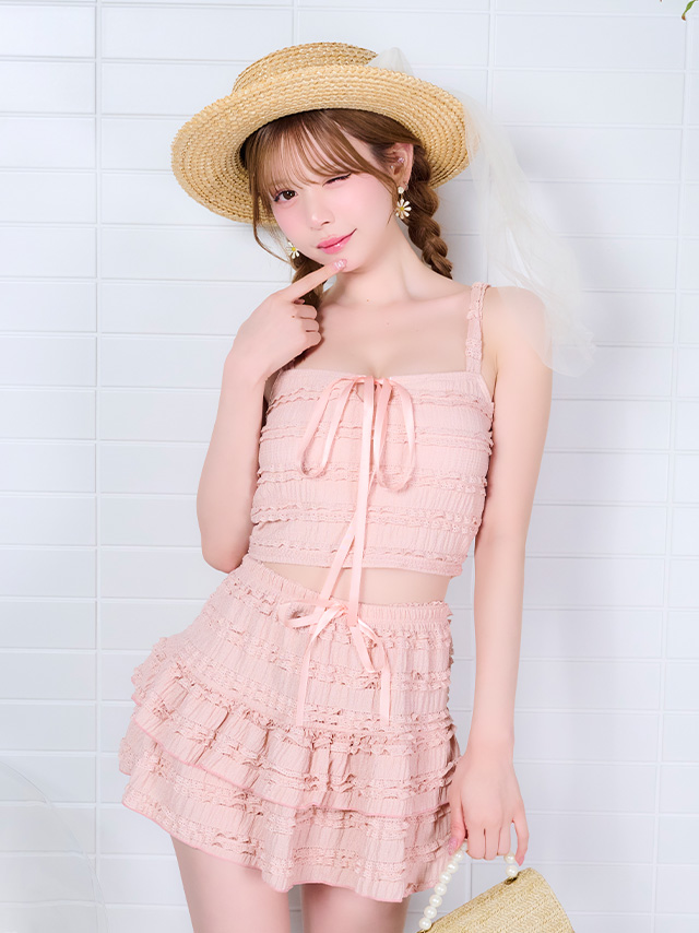 2Way 3点セット 体型カバー ビスチェ タンキニ リボン スカートタイプ 洋服みたいな ガーリー レース ホワイト 白 ピンク Lサイズあり 大きいサイズ ビキニ のイメージ画像1