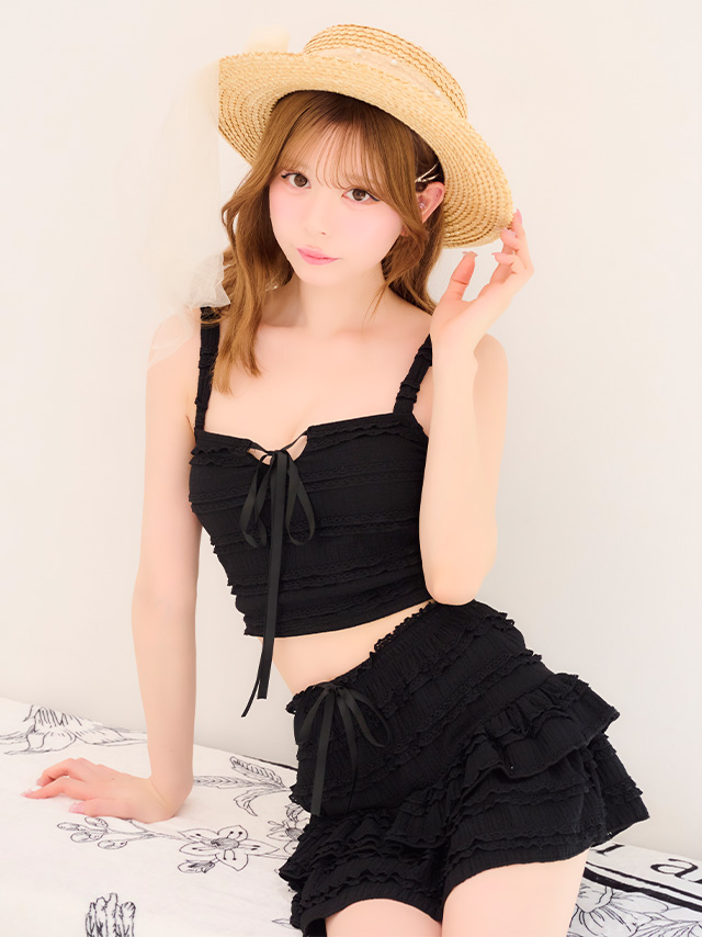 2Way 3点セット 体型カバー ビスチェ タンキニ リボン スカートタイプ 洋服みたいな ガーリー レース ホワイト 白 ピンク Lサイズあり 大きいサイズ ビキニ のフロント画像