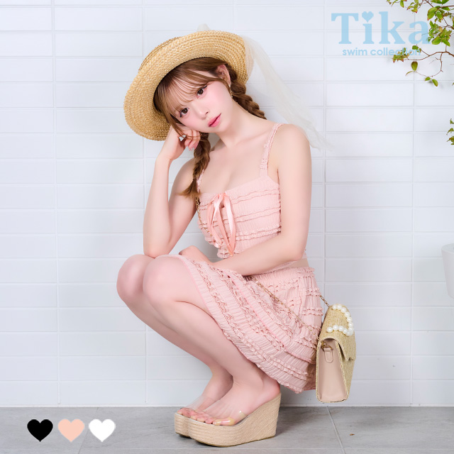 2Way 3点セット 体型カバー ビスチェ タンキニ リボン スカートタイプ 洋服みたいな ガーリー レース ホワイト 白 ピンク Lサイズあり 大きいサイズ ビキニ のメイン画像