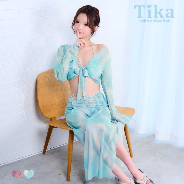 2way ニュアンスプリント 3点セット ホルターネック　体型カバー バックシャン 脚カバー ロングスカート 水色 大人リゾート ビキニのメイン画像