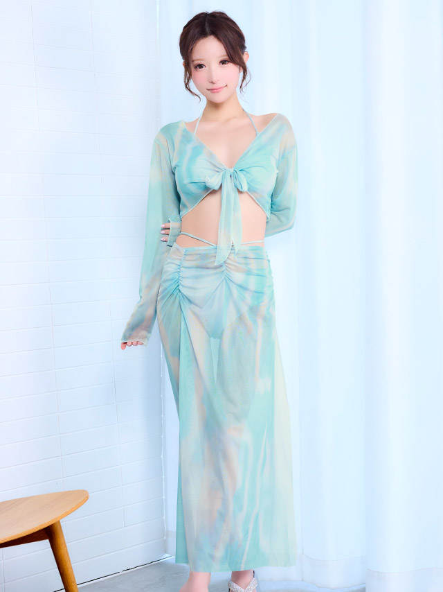 2way ニュアンスプリント 3点セット ホルターネック　体型カバー バックシャン 脚カバー ロングスカート 水色 大人リゾート ビキニのイメージ画像1