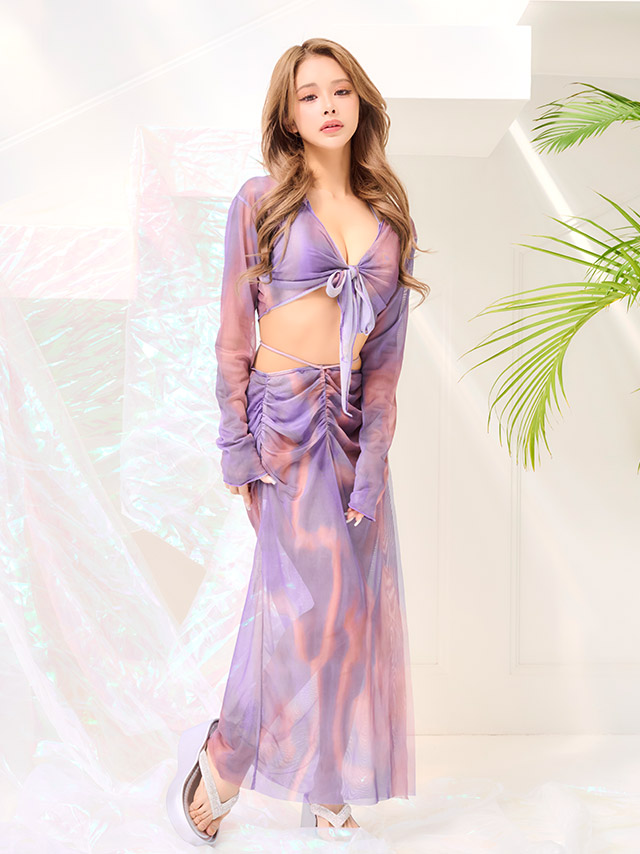 2way タイダイ 4点セット タンキニ ホルターネック　体型カバー 脚カバー袖あり ロングスカート 紫 大人リゾート ビキニのイメージ画像2