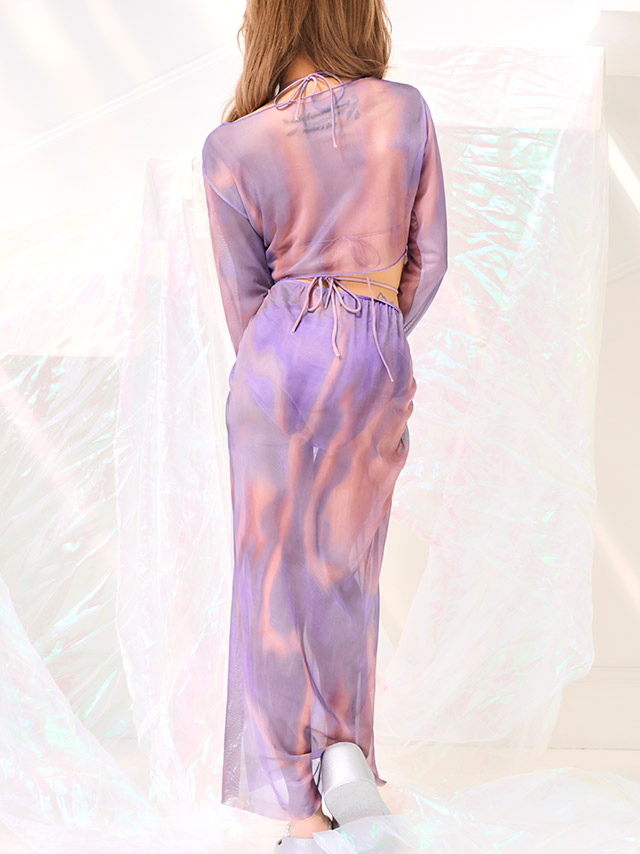 2way タイダイ 4点セット タンキニ ホルターネック　体型カバー 脚カバー袖あり ロングスカート 紫 大人リゾート ビキニのサイドバッグ画像