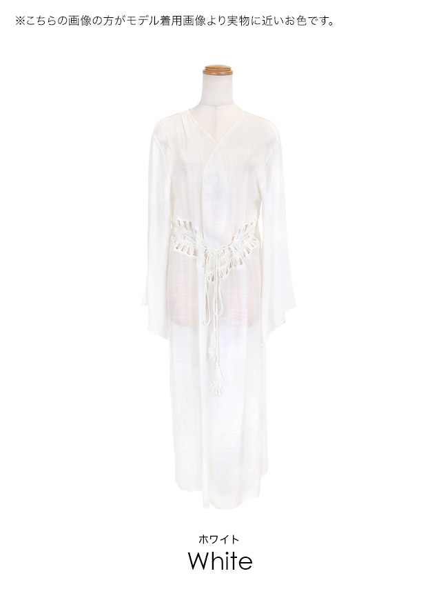 羽織り 体型カバー 袖あり かぎ編み ロング丈 ガウン ホワイトのカラバリ画像2
