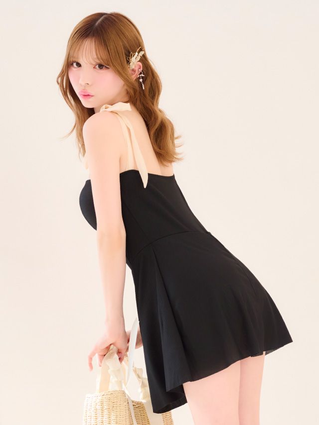 ワンピース 体型カバー オールインワン バイカラー ショルダーリボン 露出控えめ スカートタイプ お腹カバー ガーリー 韓国風のイメージ画像2