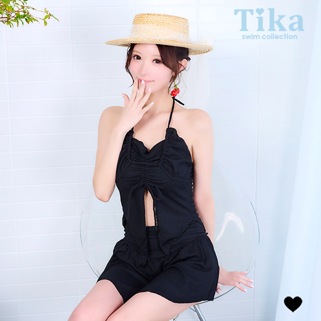 体型カバー ビスチェ ハイウエスト チェック柄 フリル タンキニ 洋服みたいな スカートタイプ 清楚系 ガーリー ブラウンのメイン画像