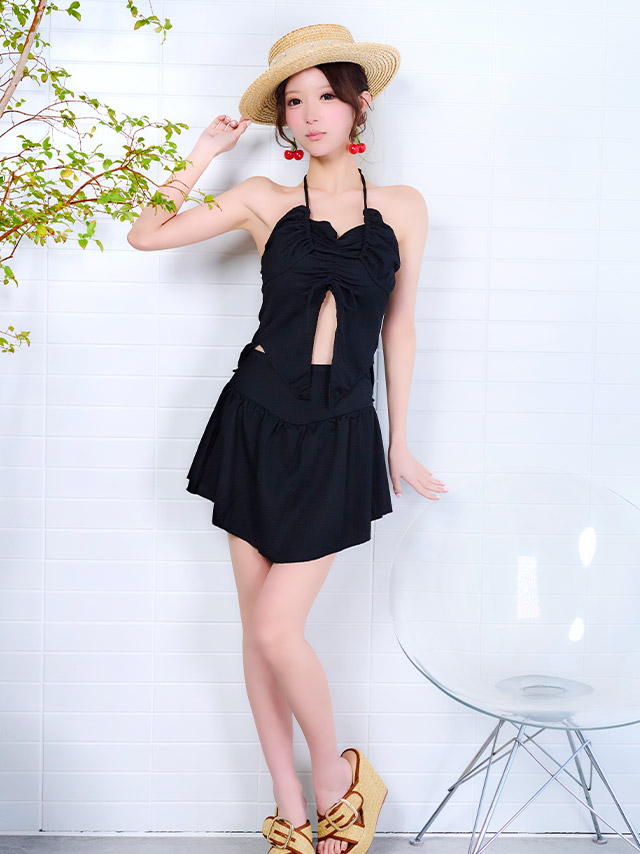 体型カバー ビスチェ ハイウエスト チェック柄 フリル タンキニ 洋服みたいな スカートタイプ 清楚系 ガーリー ブラウンのイメージ画像1