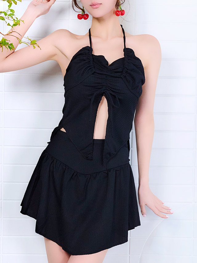 体型カバー ビスチェ ハイウエスト チェック柄 フリル タンキニ 洋服みたいな スカートタイプ 清楚系 ガーリー ブラウンのフロント画像