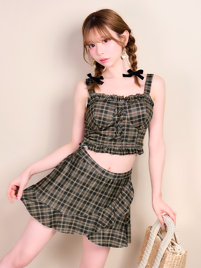 体型カバー ビスチェ ハイウエスト チェック柄 フリル タンキニ 洋服みたいな スカートタイプ 清楚系 ガーリー ブラウンのサイドバッグ画像