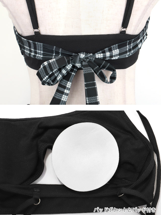 2Way 4点セット セットアップ ビスチェ 体型カバー タンキニ ボトム 洋服みたいな ガーリー チェック柄 ブラック 黒 モノトーン Lサイズあり 大きいサイズ ビキニの商品特徴1