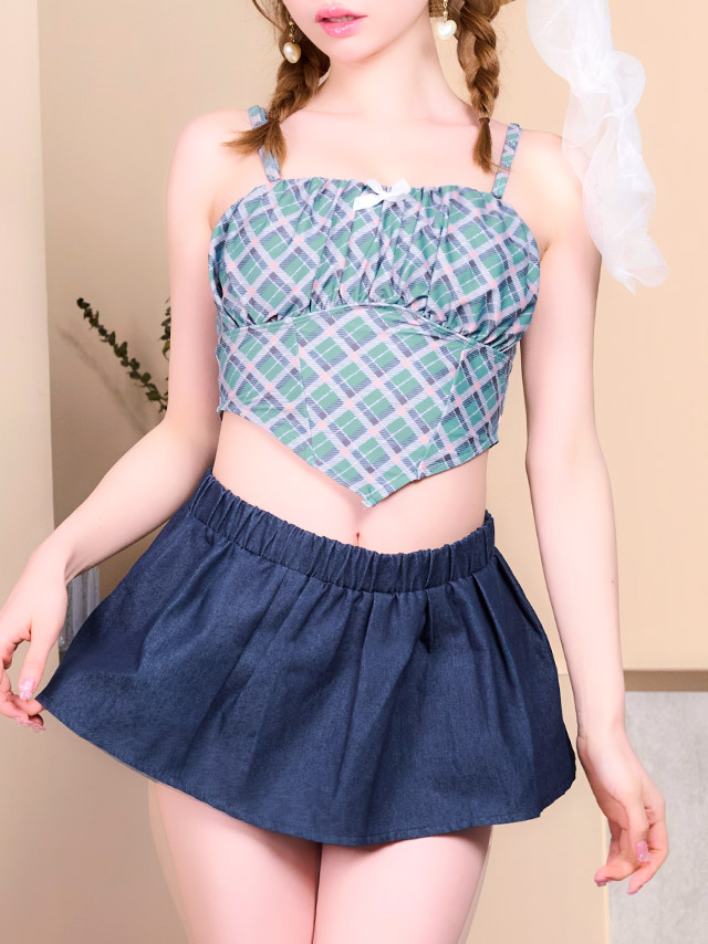 2Way 3点セット タンキニ チェック柄 体型カバー スカートタイプ デニム カジュアル ガーリー 洋服みたいな Lサイズあり 大きいサイズ XL ブラウン グリーン ネイビー ビキニのサイドバッグ画像