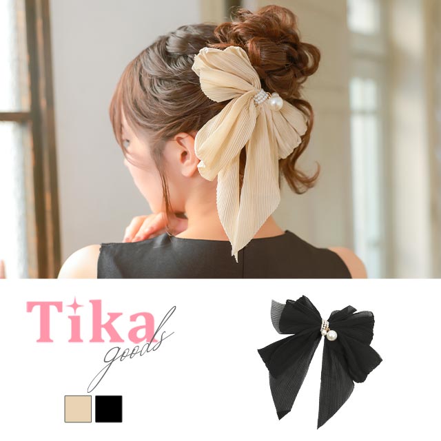  プリーツ ホワイトパール ビッグリボン バレッタ ヘアアクセサリーのメイン画像