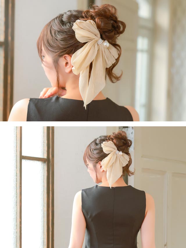 プリーツ ホワイトパール ビッグリボン バレッタ ヘアアクセサリーのイメージ画像3