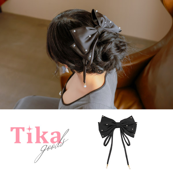 リボン パール ガーリー バレッタ ヘアアクセサリーのメイン画像