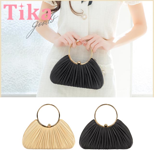 ハンドバッグ リングハンドル サテン プリーツ チェーン 2Wayのメイン画像