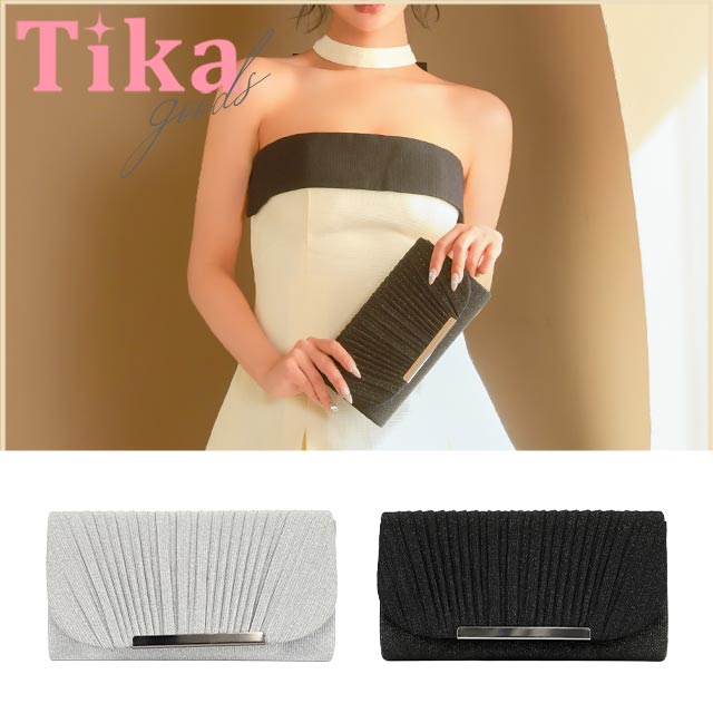 クラッチバッグ ショルダーバッグ プリーツ グリッターラメ メタルプレート チェーン 2Wayのメイン画像