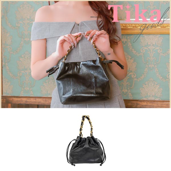 ハンドバッグ 2Way 巾着 フェイクレザー ゴールドチェーンハンドルのメイン画像