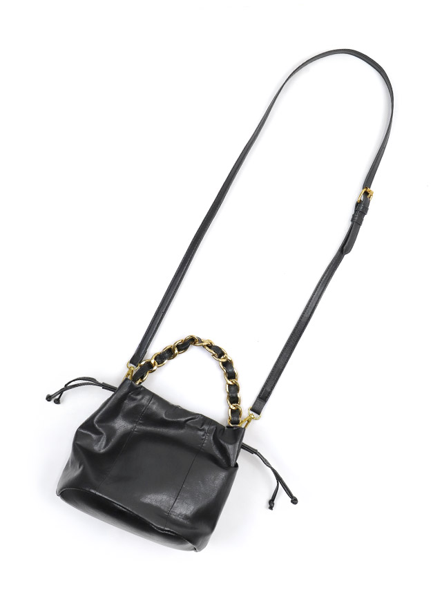 ハンドバッグ 2Way 巾着 フェイクレザー ゴールドチェーンハンドルの詳細画像3