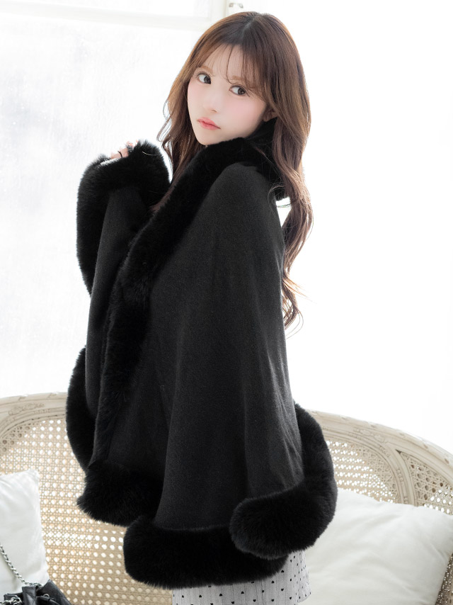 ボレロ ふわふわ フェイクファー付き ニット ポンチョ