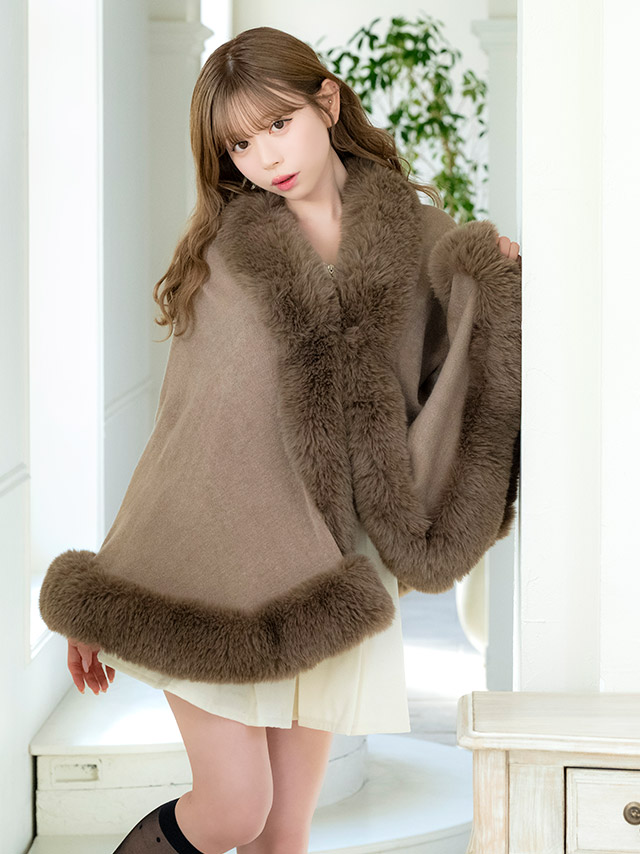 ボレロ ふわふわ フェイクファー付き ニット ポンチョ