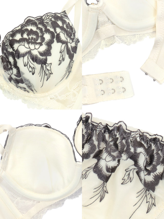 ビジューチャーム付きゴージャスボタニカル刺繍カップブラジャー＆ショーツ2点セットの詳細画像