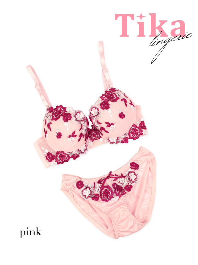 豪華ローズ刺繍ブラジャー＆ショーツ2点セットのピンク画像