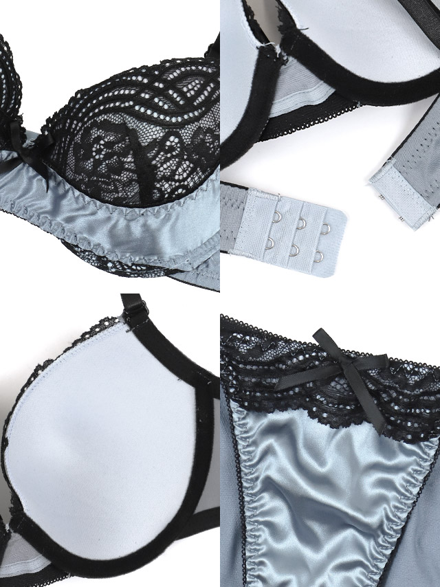 ブラックレース×サテンリボンカップブラジャー＆ショーツ2点セットの詳細画像