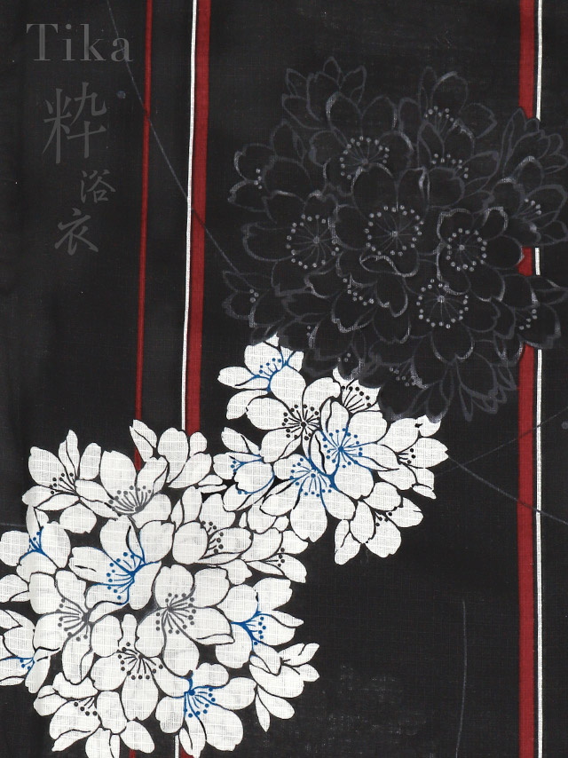 粋 黒地に縞×桜ゆかた3点セットの生地詳細画像