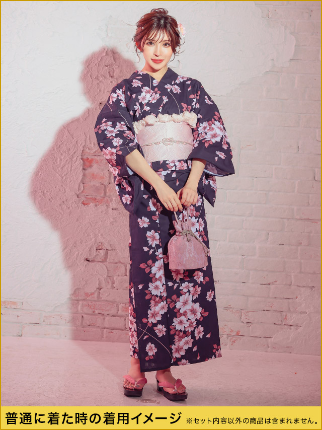 花魁 濃紺×ピンク桜2way おいらん浴衣5点セットの2wayの例1画像