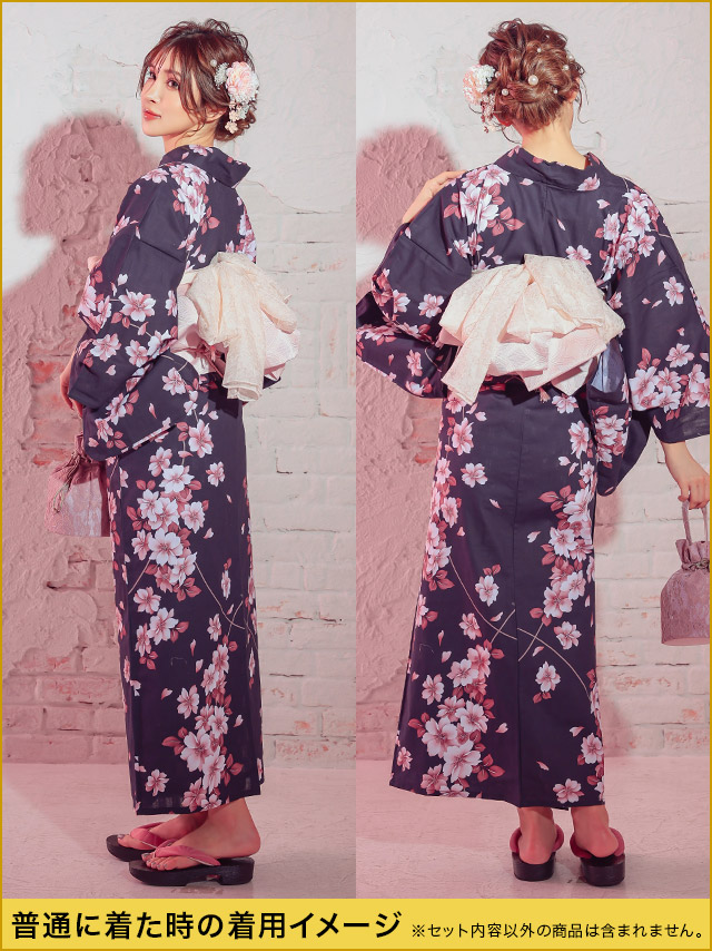 花魁 濃紺×ピンク桜 2way おいらん浴衣5点セットの2wayの例2画像