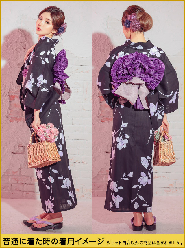 花魁 黒地×グラデーション紫菖蒲2way おいらん浴衣5点セットの2wayの例2画像