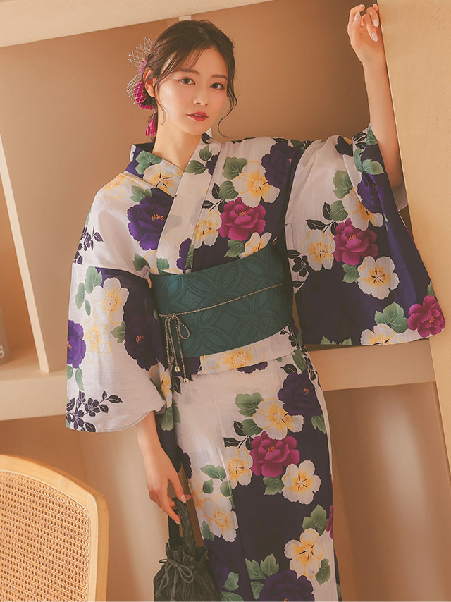 綿麻 白地×パープルフラワー ゆかた3点セットのイメージ画像1