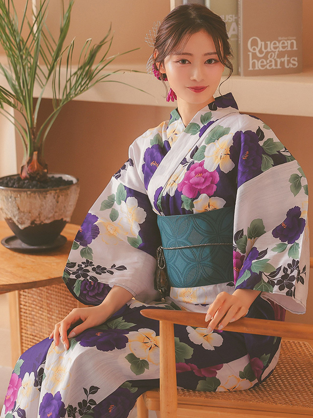 綿麻 白地×パープルフラワー ゆかた3点セットのイメージ画像4