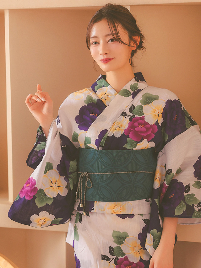 綿麻 白地×パープルフラワー ゆかた3点セットのイメージ画像4