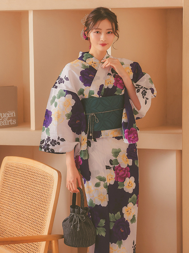 綿麻 白地×パープルフラワー ゆかた3点セットのイメージ画像4