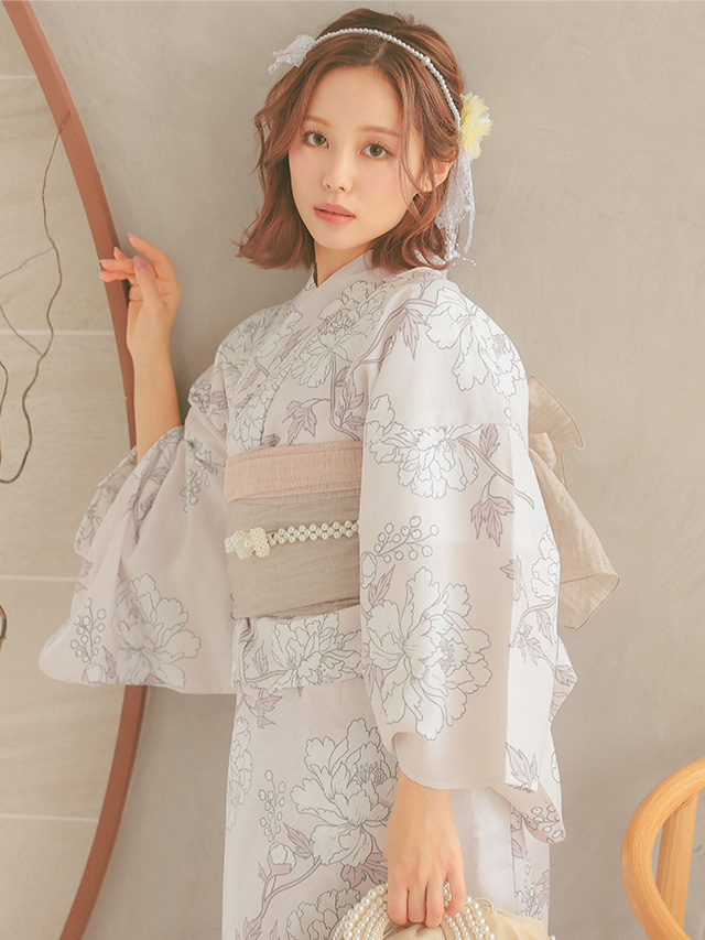 清純ピンクに線画牡丹柄ワンピースゆかた3点セットのイメージ画像1
