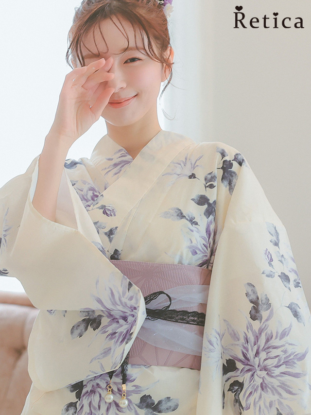 上品クリームに薄紫菊 ゆかた3点セットのメイン画像
