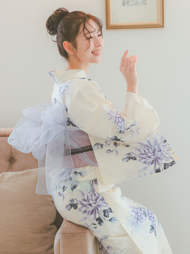 上品クリームに薄紫菊 ゆかた3点セットのイメージ画像1