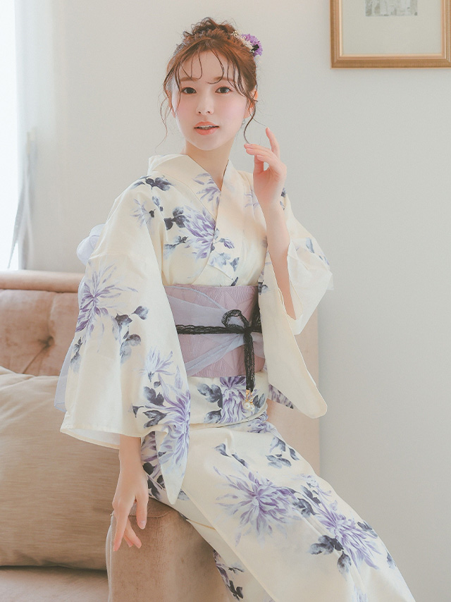 上品クリームに薄紫菊 ゆかた3点セットのイメージ画像2