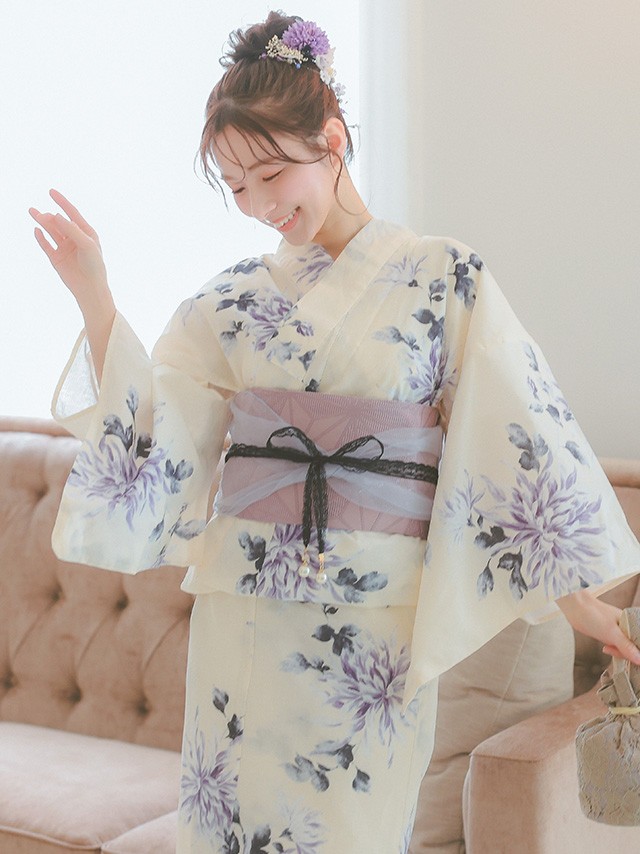 上品クリームに薄紫菊 ゆかた3点セットのフロント画像