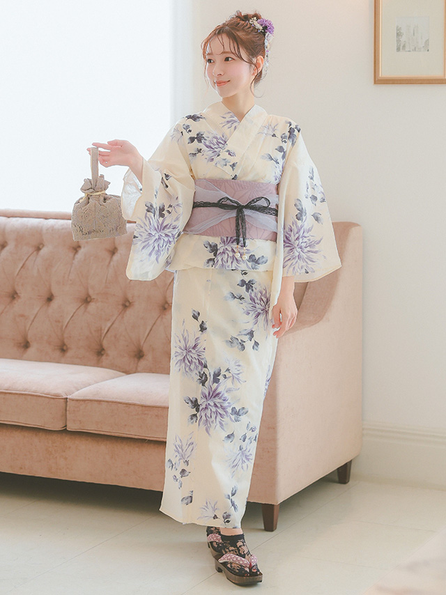 上品クリームに薄紫菊 ゆかた3点セットのサイドバック画像