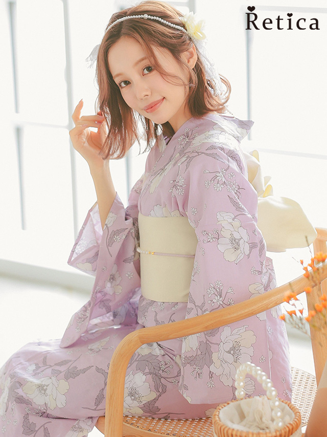 甘めピンクに線画クリーム牡丹ゆかた3点セットのイメージ画像1