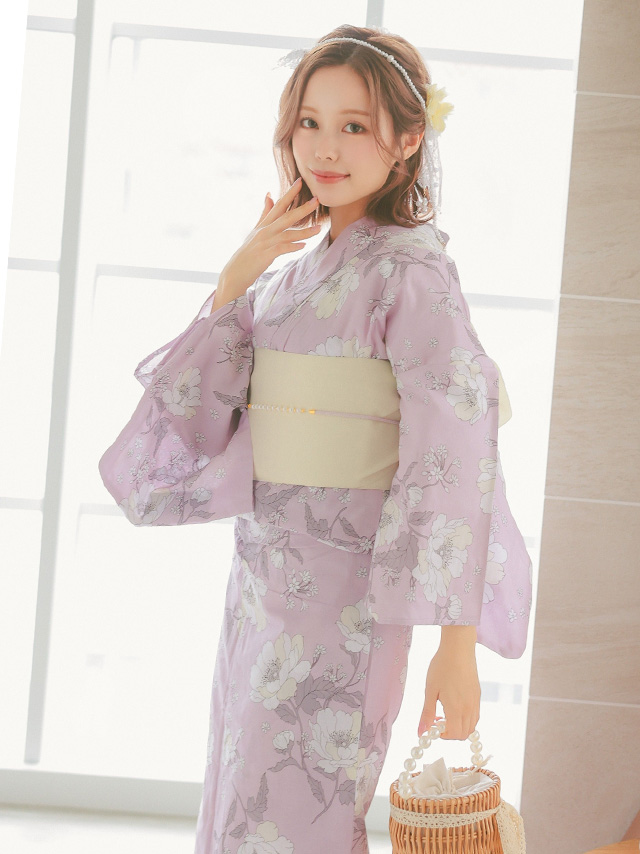 甘めピンクに線画クリーム牡丹ゆかた3点セットのイメージ画像1
