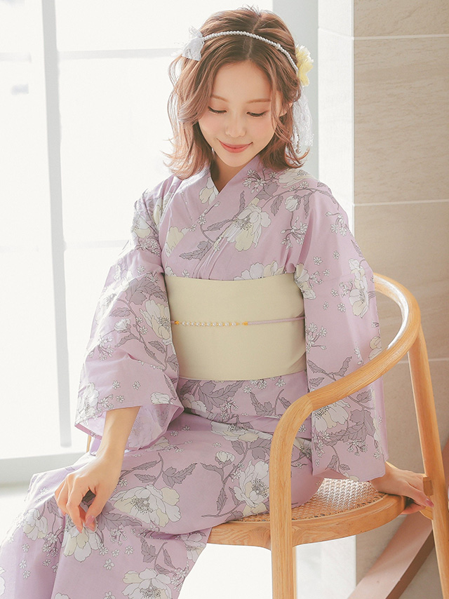 甘めピンクに線画クリーム牡丹ゆかた3点セットのイメージ画像2