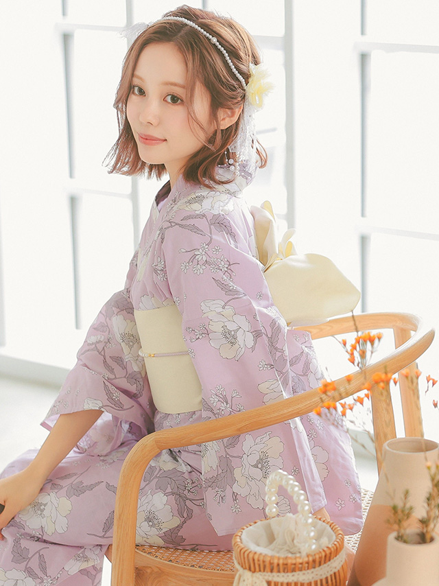 甘めピンクに線画クリーム牡丹ゆかた3点セットのイメージ画像3