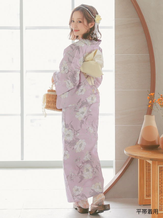 甘めピンクに線画クリーム牡丹ゆかた3点セットのサイドバック画像