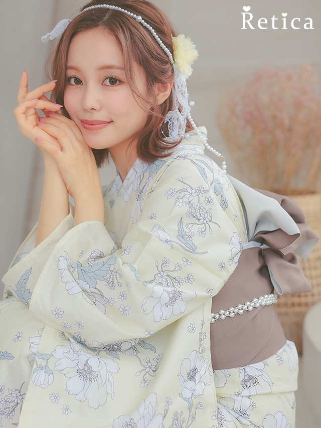 ピュアイエローに線画牡丹ゆかた3点セットのイメージ画像1