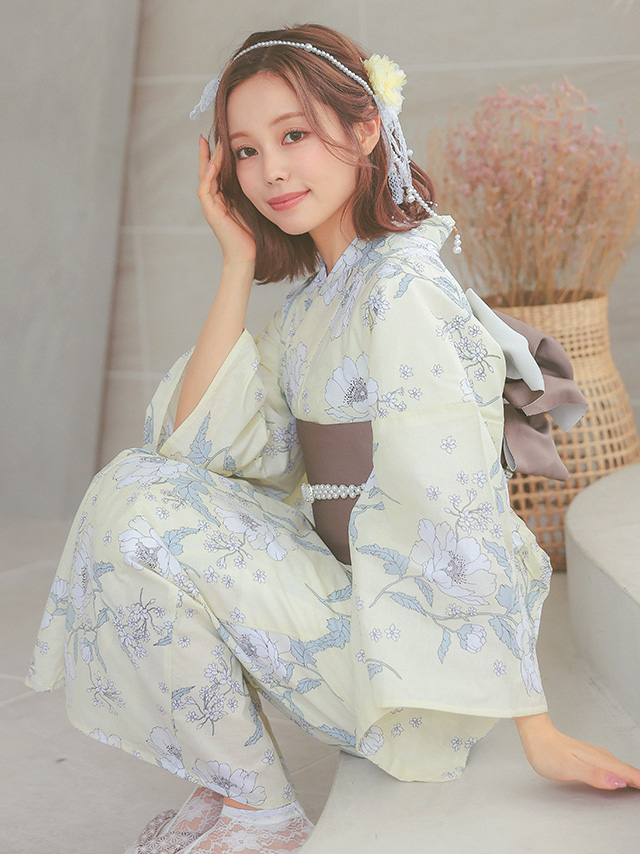 ピュアイエローに線画牡丹ゆかた3点セットのイメージ画像3