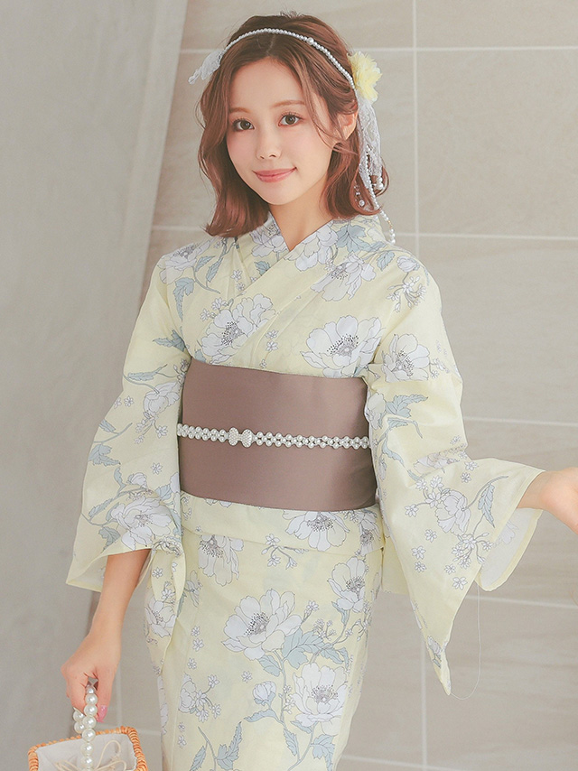ピュアイエローに線画牡丹ゆかた3点セットのイメージ画像4